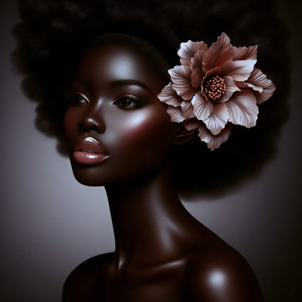 Prompt: a  black woman with a flower in her hair and pretty makeup on her face , Dave Melvin, art photography, fashion photography, an airbrush painting