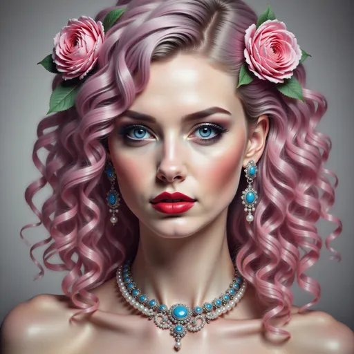 Prompt: a woman with pink hair and blue eyes wearing a necklace and earrings with roses on her head and a necklace with pearls, Edwin Georgi, photorealism, highly detailed digital painting, a photorealistic painting