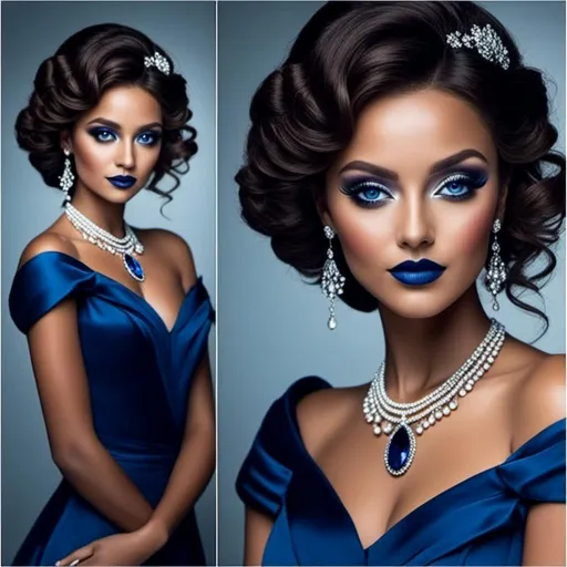 Prompt: <mymodel>Glamorously dressed 1930's lady, sapphire jewelry, blue eyes, vintage glam, luxurious satin gown, elegant updo hairstyle, detailed facial features, high-quality, vintage, glamorous, detailed sapphire jewelry, sophisticated makeup, atmospheric lighting, deep blue color tones, classic Hollywood style