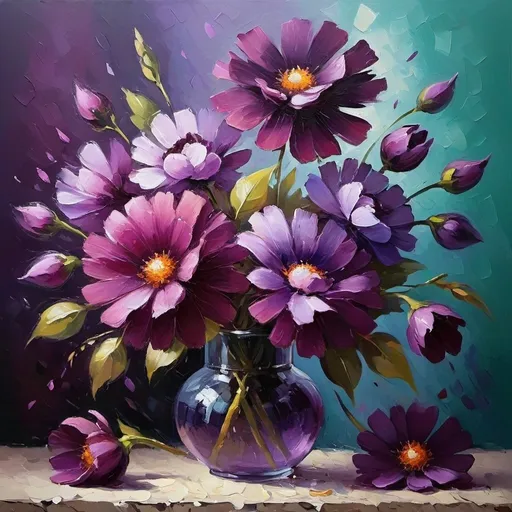 Prompt: Purple flowers, vibrant petals, high quality, oil painting, detailed textures, impressionist style, natural lighting, serene atmosphere