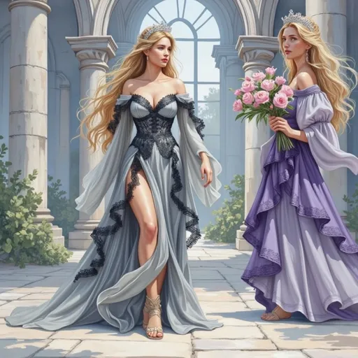 Prompt: This is a highly detailed, digital fantasy artwork depicting two elegant, fair-skinned women with long, flowing blonde hair adorned with silver tiaras. Both women are dressed in elaborate, medieval-inspired gowns with intricate lace and ribbon detailing. The woman on the left wears a silver-gray, off-the-shoulder gown with a high slit, corset-style bodice, and layered, ruffled skirts. Her gown is accented with black lace and she wears beige, strappy high-heeled sandals. She stands confidently with a slight smile, her left hand resting on her thigh.

The woman on the right is dressed in a deep purple, off-the-shoulder gown with puffed sleeves and a fitted bodice. Her dress features purple lace and ribbon trim, and she holds a bouquet of pink flowers in her right hand. Her gown flows gracefully to the ground, with a subtle train. She gazes thoughtfully to the side, her left hand resting on her hip.

The background is an ethereal, stone archway with tall, arched windows allowing soft, natural light to filter through. The stone floor is textured with subtle, worn patterns, and there are hints of greenery visible through the windows. The overall style is reminiscent of high fantasy art, with a focus on realism and intricate detail.
