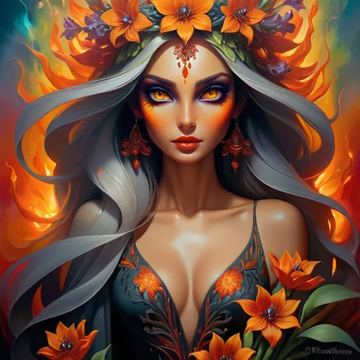 Prompt: Beautiful  hybrid woman with flowers sprouting from her, oil painting, detailed fiery eyes, ethereal glow, dark and mysterious, high quality, vibrant colors, surreal, haunting, intricate floral details, intense gaze, mystical atmosphere, oil painting, demon, hybrid, fiery eyes, ethereal, vibrant colors, surreal, haunting, floral details, intense gaze, mystical atmosphere