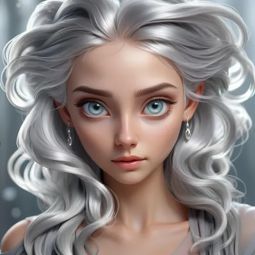 Prompt: Beautiful girl with silver hair, ethereal and elegant, 3D rendering, flowing silver locks, soft and glowing skin, piercing eyes, fantasy, highres, detailed, ethereal, silver hair, glowing skin, piercing eyes, 3D rendering, fantasy, elegant, atmospheric lighting