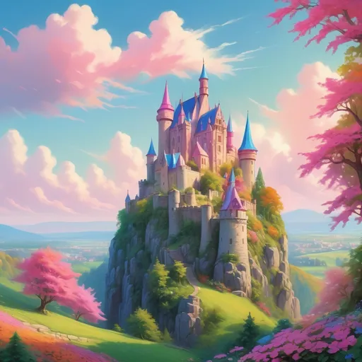 Prompt: A vivid vibrant fairytale landscape unfolds with a majestic castle perched atop a lush, green hill, boasting pointed towers adorned with pink and blue rooftops that catch the sunlight. Colorful blooms in various shades of pink, orange, and blue blanket the foreground, while lush trees in rich greens frame the scene, creating a harmonious and enchanted atmosphere. A gracefully arched stone bridge spans a serene, reflective river that winds through the verdant valley, enhancing the whimsical charm of the setting. Above, a bright blue sky dotted with fluffy clouds A sense of magic and joy in this idyllic world. Each element combines to evoke a sense of wonder and adventure, inviting the viewer into a storybook realm.