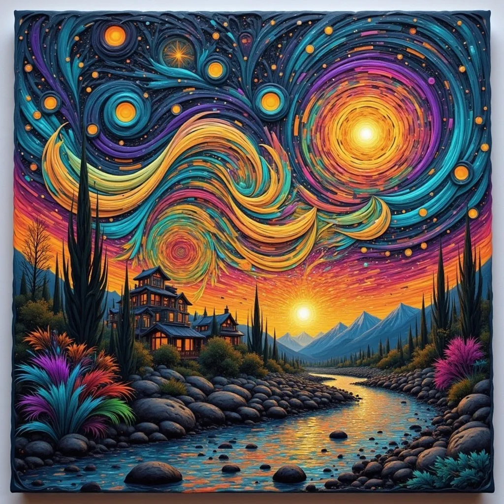 Prompt: a painting of a river with a sky full of stars and a moon in the background with a river running through it,  Van Gogh, Dan Mumford, space art, highly detailed digital painting, a fine art painting