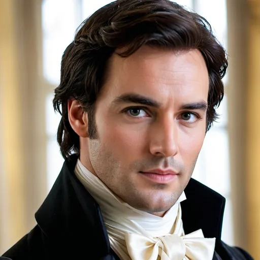 Prompt: <mymodel> Mr. Darcy, a handsome man with dark hair aged 30 years, stylish 18th century clothing, facial closeup