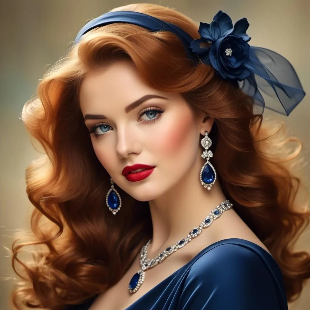 Prompt: <mymodel>Glamorously dressed lady of rhe 1930's wearing sapphire jewelry,blue eyes