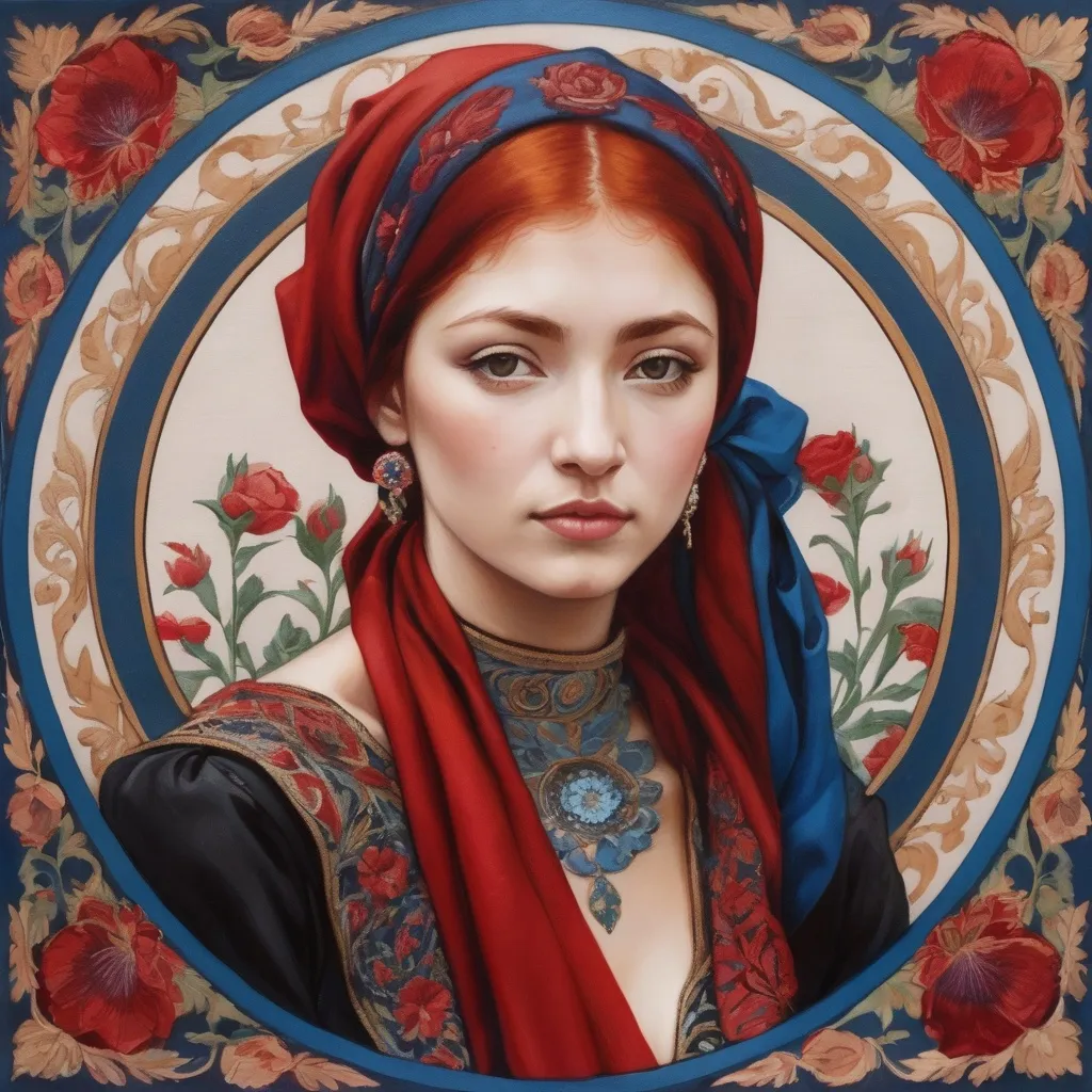 Prompt: a painting of a woman with red hair and a red head scarf with flowers on it, in a circle, Elina Karimova, qajar art, art nouveau fashion embroidered, a silk screen