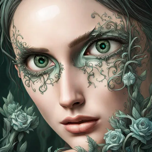 Prompt: ((Cinematic)) ((photorealistic full-body portrait)) of a mysterious hybrid creature, a fusion of dark ((floral)) and ((mechanical)) elements, wandering through an enchanted forest of bioluminescent trees and glowing plants. This unique being, with a body covered in thorny roses and intricate gears, has piercing, crimson eyes that emit an eerie, mesmerizing light. It explores the surreal, shadowy landscape, a realm where nature and technology coexist in a sinister harmony. Delicate, dark flowers intertwined with polished metal vines and sharp thorns form a haunting, intricate pattern on the creature's skin. High detail, UHD 4k wallpaper, by H.R. Giger, Brom, Dave Rapoza, and Abigail Larson.