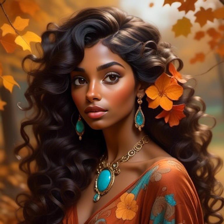 Prompt: <mymodel>Woman with dark skin, warm autumn colors, wearing turquoise jewelry,facial closeup