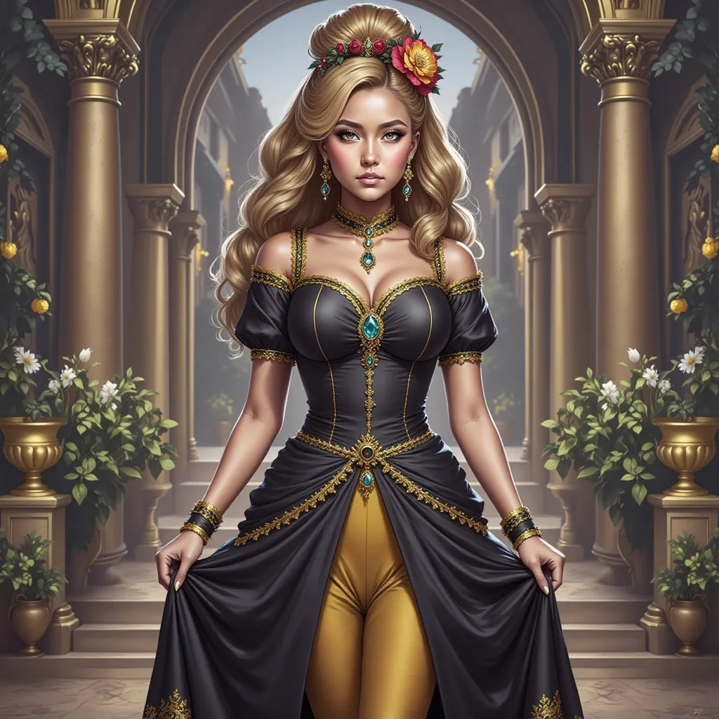 Prompt: a woman with long blonde hair wearing a yellow dress and a flower crown on her head, with a flower in her hair, turquoise jewelry, Artgerm, fantasy art, highly detailed digital painting, a detailed drawing