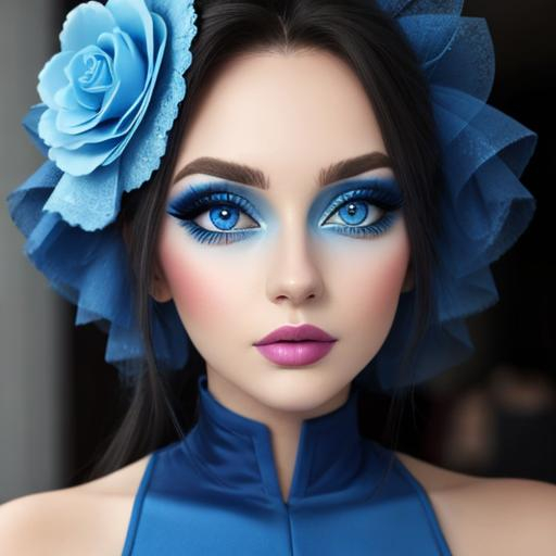 Prompt: A woman all in blue, blue eyes, pretty makeup