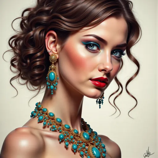 Prompt: a woman in a color scheme of turquoise and gold- with at urquoise and gold necklace and earrings on her neck , Edwin Georgi, figurative art, highly detailed digital painting, a photorealistic painting