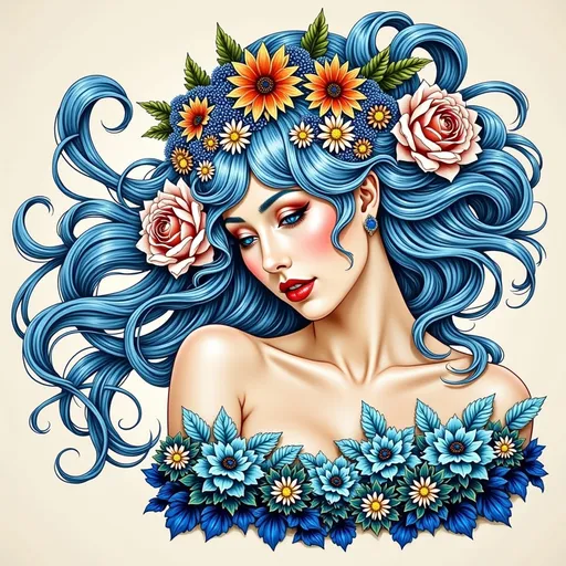 Prompt: a woman with blue hair and flowers in her hair, with a blue dress and a flower in her hair, Audrey Kawasaki, art nouveau, highly detailed digital painting, a detailed drawing