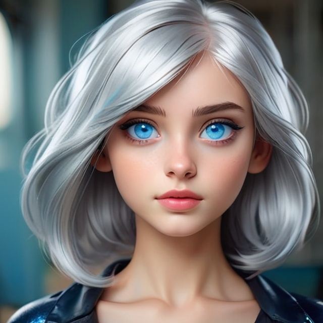 Prompt:  girl with shiny silver hair and blue eyes