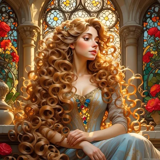 Prompt: <mymodel> Rapunzel in a fairytale tower, lush flowing hair, magical glow, enchanting princess, high quality, fantasy, whimsical, vibrant colors, ethereal lighting, long golden hair, intricate braids, intricate detailing, fantasy art, princess, magical, enchanting, fairytale, vibrant, ethereal lighting