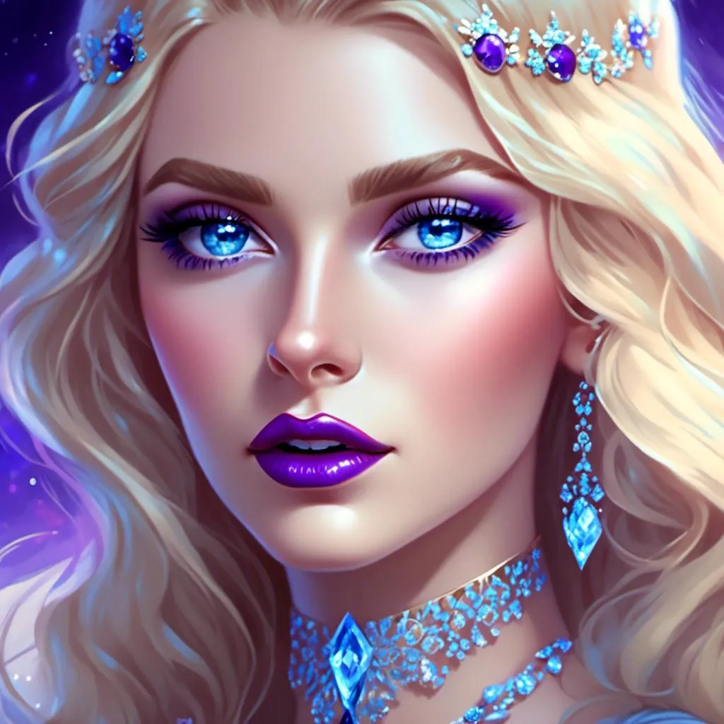 Prompt: <mymodel>Beautiful ethereal woman, long blonde hair,and icy blue eyes color, purple lipstick, facial closeup