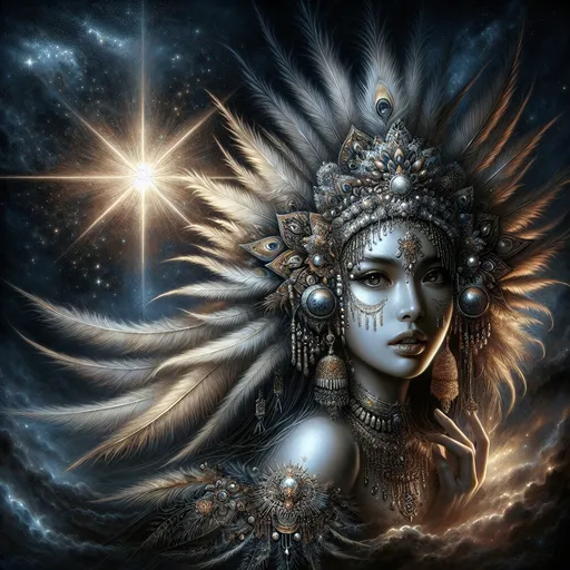 Prompt: <mymodel> a woman with a headdress and feathers on her head, with stars in the background and a star in the center, Anna Dittmann, fantasy art, highly detailed digital painting, a detailed painting