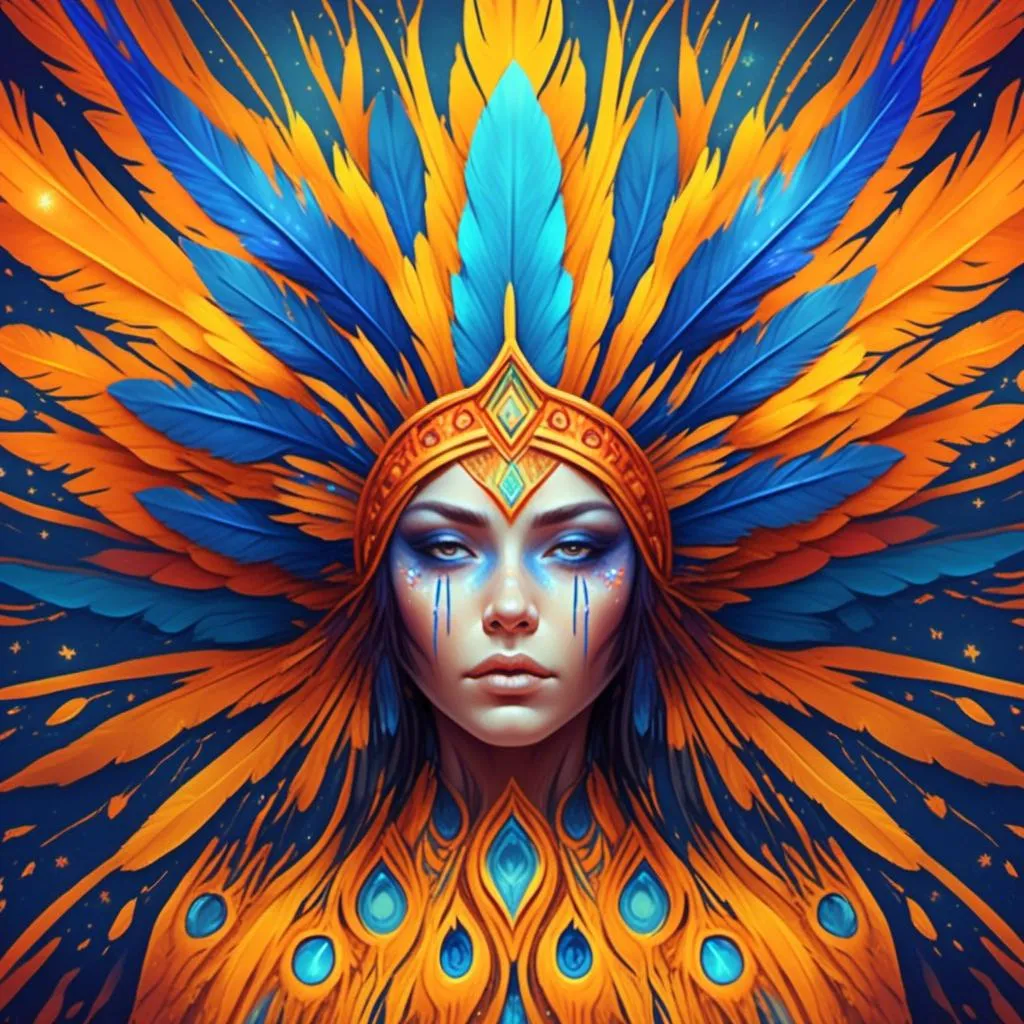 Prompt: <mymodel> a woman with a colorful headdress and feathers on her head, with a blue sky background and stars, Anna Dittmann, fantasy art, highly detailed digital painting, a detailed painting