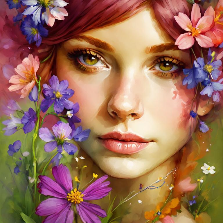 Prompt: a fairy of spring, ,wildflowers, vivid colors,  facial closeup