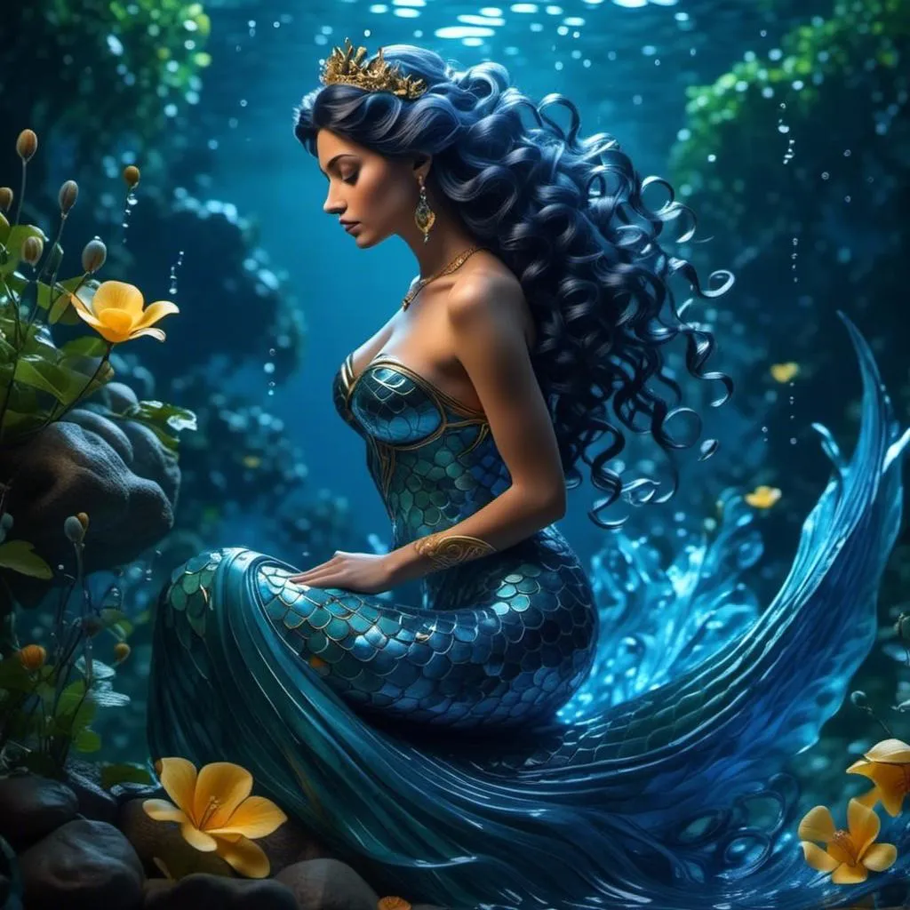 Prompt: <mymodel>HD 4k 3D 8k professional modeling photo hyper realistic beautiful woman ethereal greek goddess druid mermaid
cobalt blue hair olive skin gorgeous face  jewelry druid crown colored mermaid tail full body surrounded by ambient glow hd landscape under lush celtic waters

