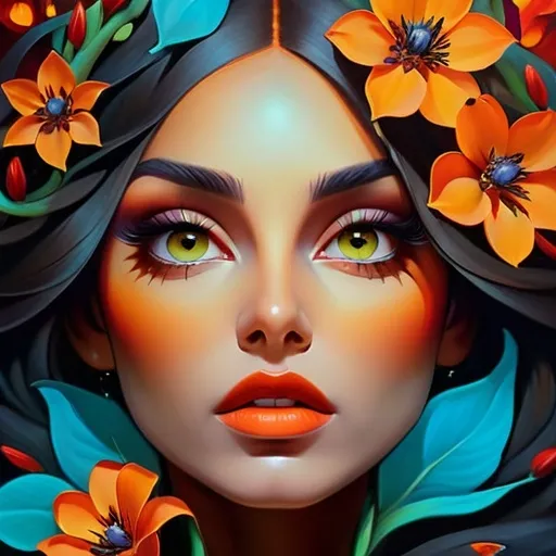 Prompt: Beautiful  hybrid woman with flowers sprouting from her, oil painting, detailed fiery eyes, ethereal glow, dark and mysterious, high quality, vibrant colors, surreal, haunting, intricate floral details, intense gaze, mystical atmosphere, oil painting, demon, hybrid, fiery eyes, ethereal, vibrant colors, surreal, haunting, floral details, intense gaze, mystical atmosphere