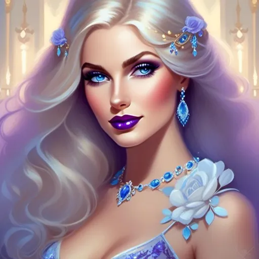 Prompt: <mymodel>Beautiful ethereal woman, long blonde hair,and icy blue eyes color, purple lipstick, facial closeup