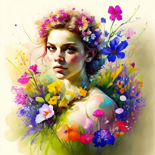 Prompt: a fairy of spring, ,wildflowers, vivid colors,  facial closeup