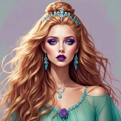 Prompt: <mymodel>Beautiful ethereal woman, long blonde hair,and icy blue eyes color, purple lipstick, facial closeup