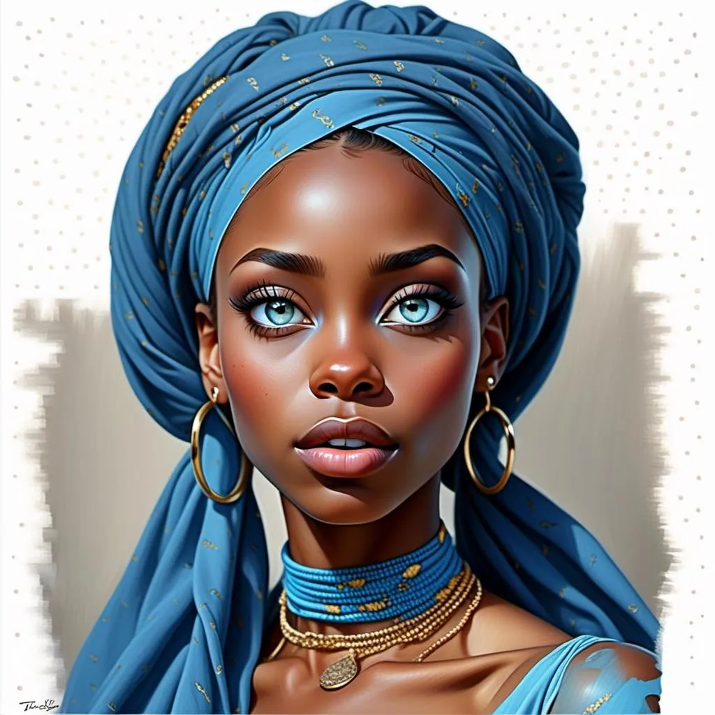 Prompt: <mymodel> a woman with a blue head scarf and a necklace on her neck and a gold necklace on her neck, Chinwe Chukwuogo-Roy, photorealism, highly detailed digital painting, a photorealistic painting