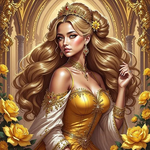 Prompt: a beautiful woman with long hair wearing a golden dress and a tiara with gold leaves on her head, Anne Stokes, fantasy art, highly detailed digital painting, a detailed painting