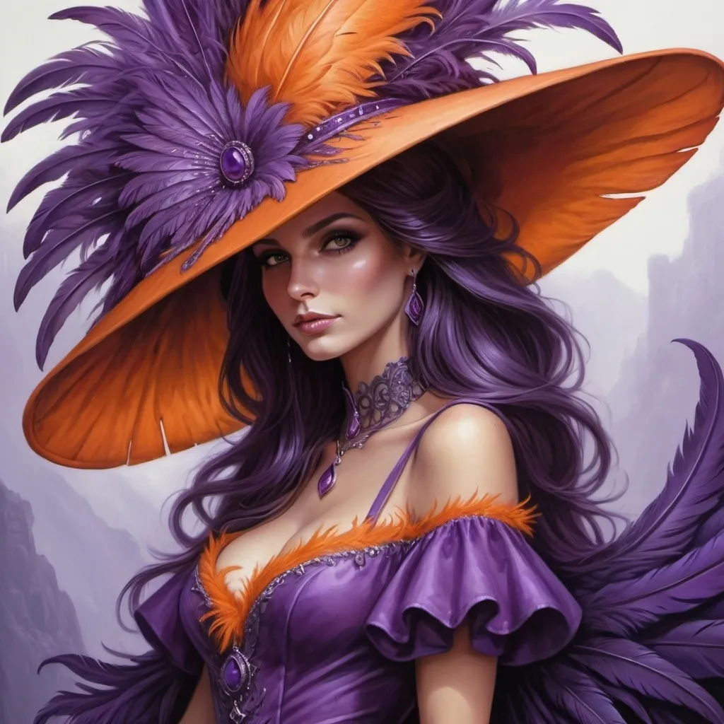 Prompt: a woman wearing a purple dress and a large orange hat with feathers on it's head and a purple feathered dress, Anne Stokes, fantasy art, purple, a detailed painting