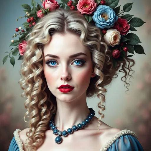 Prompt: a painting of a woman with blue eyes and a flower in her hair and a necklace on her head, Edwin Georgi, rococo, highly detailed digital painting, a detailed painting