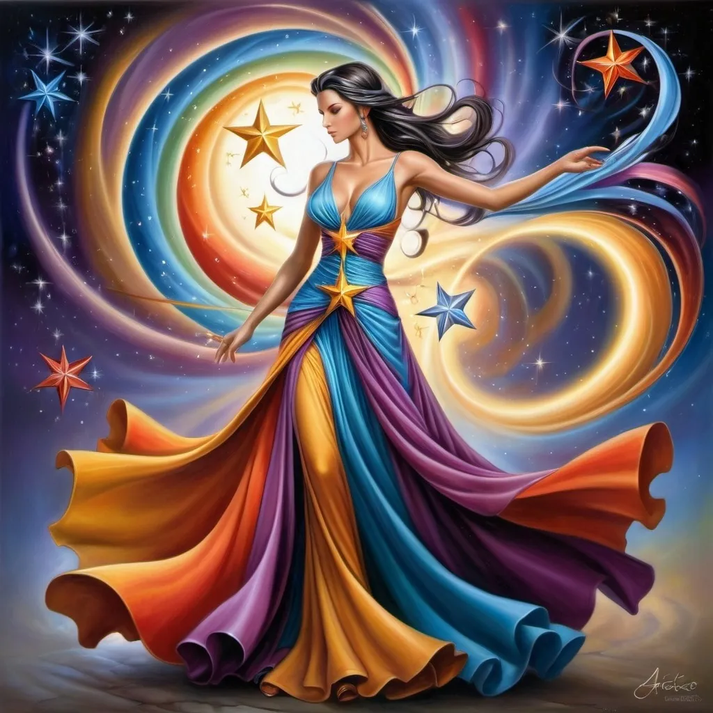 Prompt: a woman in a long dress with a star in her hand and a colorful dress on her body, with a swirling background, Anne Stokes, fantasy art, fantasy artwork, an airbrush painting