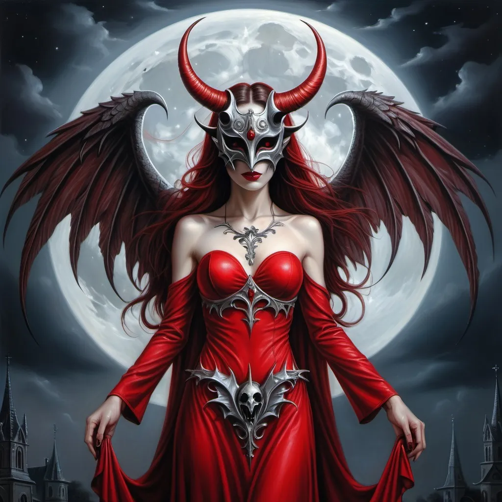 Prompt: a woman with a red dress and a horned mask on her face and wings, standing in front of a full moon, Anne Stokes, gothic art, dark fantasy art, a detailed painting