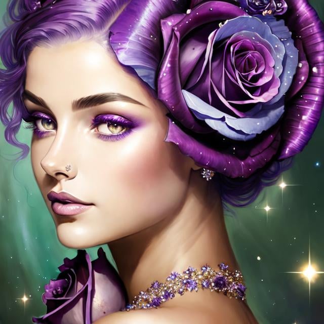 Prompt: Cosmic Epic Beauty, Beautiful and Gorgeous, purple roses in hair