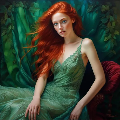 Prompt: High-resolution oil painting of a stunning woman, flowing red hair, captivating green eyes, elegant evening gown, intricate lace details, graceful posture, soft and ethereal lighting, vibrant and rich color tones, classic and timeless, detailed portrait, oil painting, elegant, captivating gaze, flowing hair, intricate details, high quality, rich colors, soft lighting<mymodel>