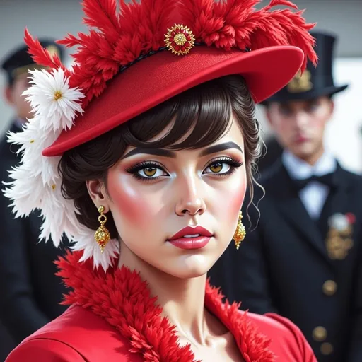 Prompt: <mymodel>fashionable 1st class  female passenger on the Titanic, pale skin, dark styled hair, large lips,  looking sad, facial closeup, vibrant colors, red dress and elaborate hat with feathers