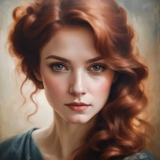 Prompt: Frontal vintage portrait of a woman with Auburn hair, oil painting, soft lighting, detailed features, warm tones, high quality, vintage, traditional, detailed eyes, elegant, refined, classic