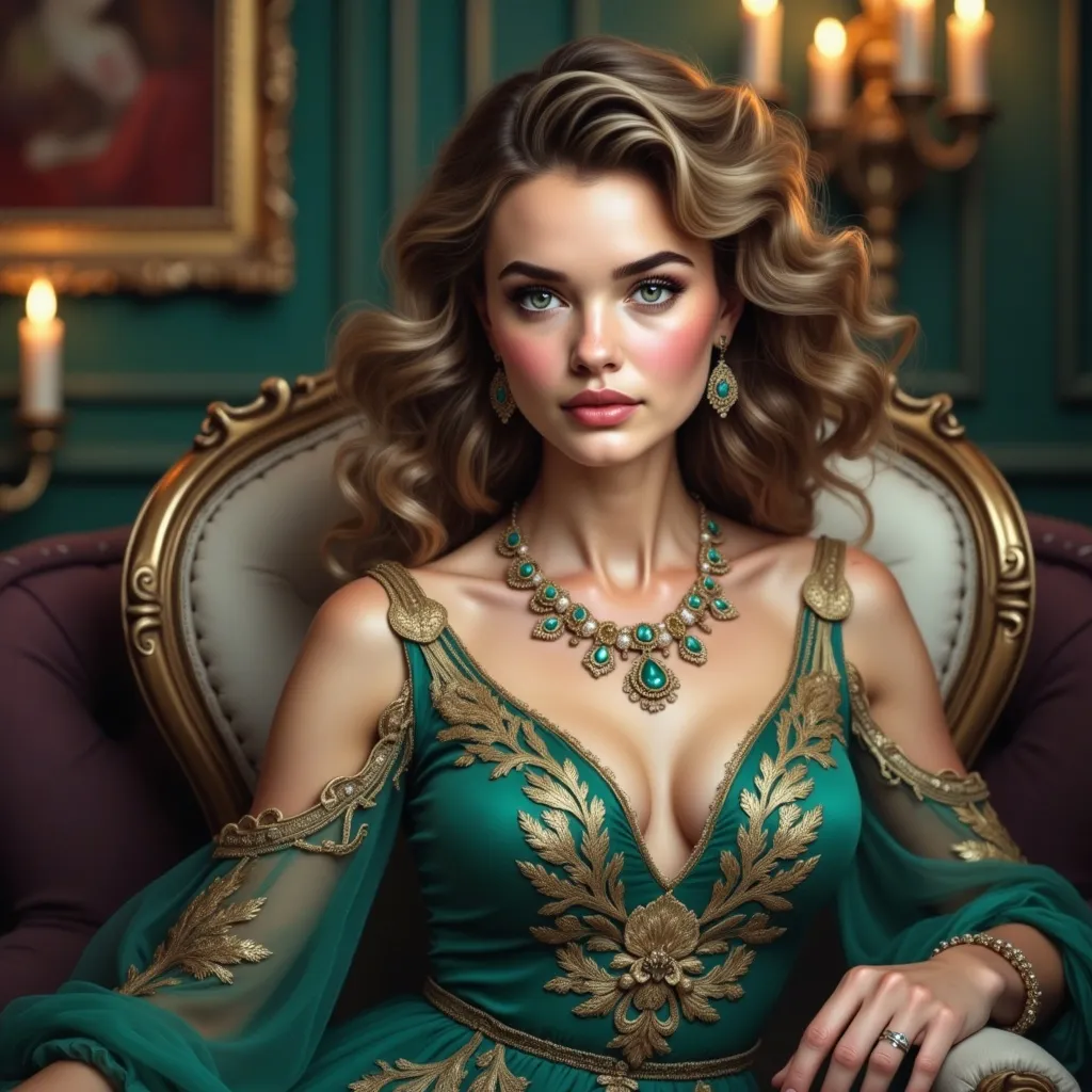 Prompt: A striking young woman sits confidently in an elegantly designed chair, radiating sophistication in her emerald green gown adorned with intricate gold embellishments. Her majestic curls frame her face, while bold makeup featuring deep purple eyeshadow and matching lipstick enhances her captivating gaze. The opulent setting is characterized by rich green walls and soft candlelight, with hints of luxurious decor suggesting a vintage ambiance. The soft lighting highlights the details of her jewelry, which sparkles vividly against the sumptuous backdrop, evoking a sense of grandeur and allure. This scene encapsulates a mood of regality and grace, inviting viewers into a world of refined beauty and elegance.