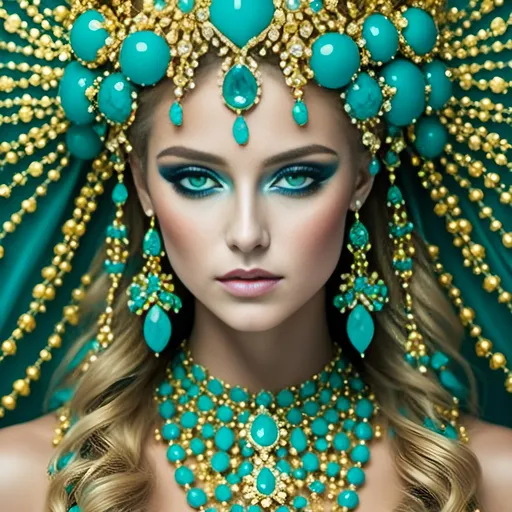 Prompt: <mymodel>An extremely gorgeous woman,  with turquoise jewels, in color scheme of turquoise and gold