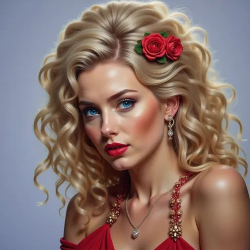 Prompt: a painting of a woman with long blonde hair wearing a red dress and a necklace with a diamond on it, Artgerm, figurative art, highly detailed digital painting, a photorealistic painting