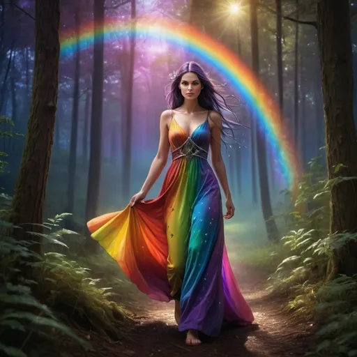 Prompt: a woman in a colorful dress walking through a forest with a rainbow light in the background and stars in the sky, Anne Stokes, fantasy art, mystical colors, digital art