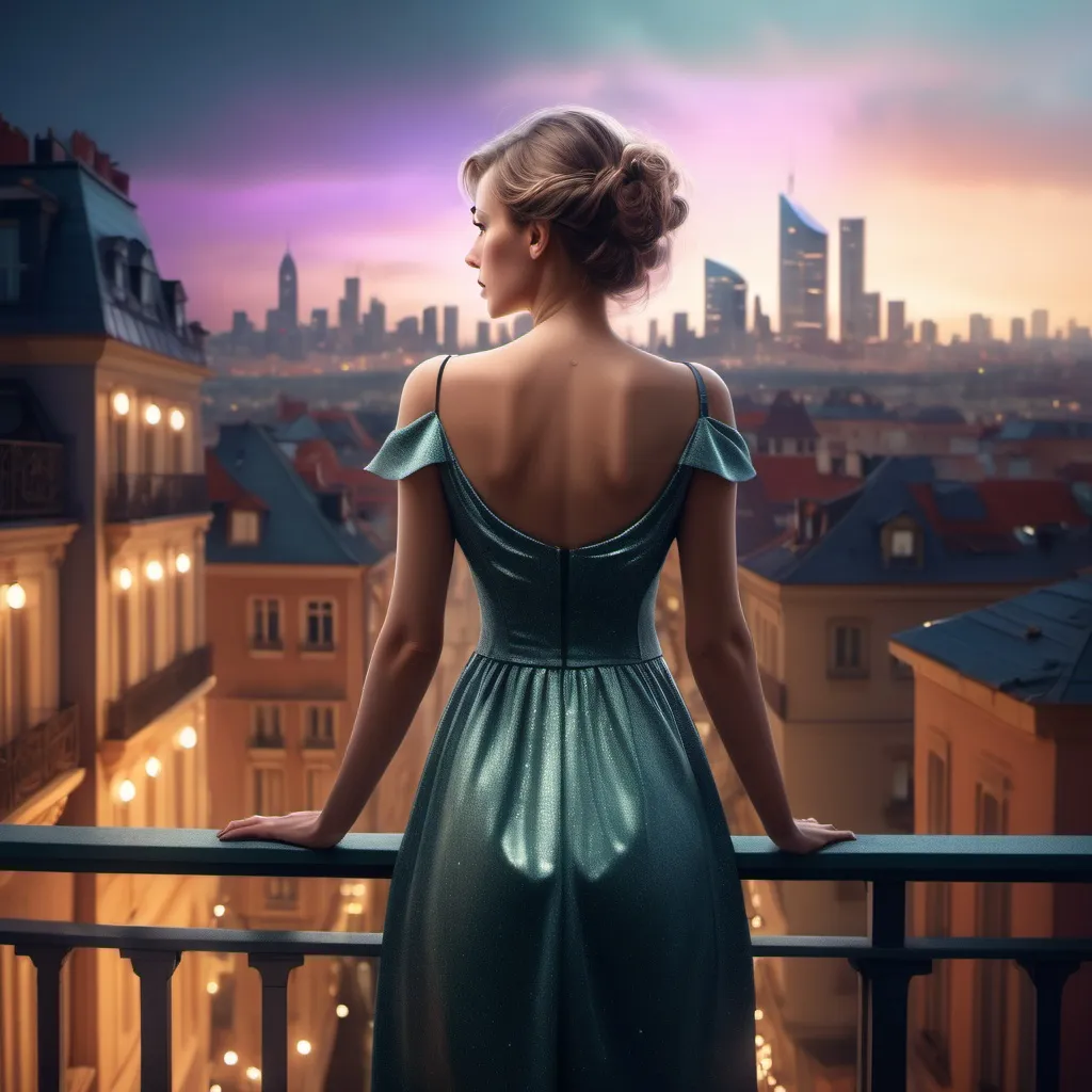 Prompt: a woman in a dress is standing on a balcony overlooking a city with lights on the buildings, Celia Fiennes, magic realism, affinity photo, a 3D render