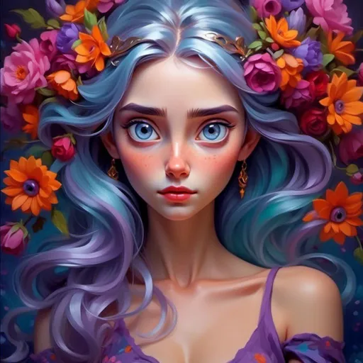 Prompt: <mymodel>Nataasha-Beautiful woman with flowers, oil painting, detailed fiery eyes, ethereal glow, dark and mysterious, high quality, vibrant colors, surreal, haunting, intricate floral details, intense gaze, mystical atmosphere, oil painting, demon, hybrid, fiery eyes, ethereal, vibrant colors, surreal, haunting, floral details, intense gaze, mystical atmosphere