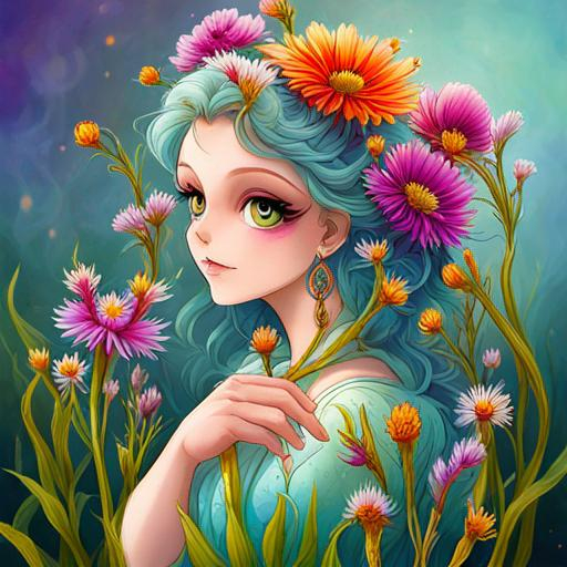 Prompt: a fairy of spring, Sbitley Temple curls, ,wildflowers, vivid colors, closeup