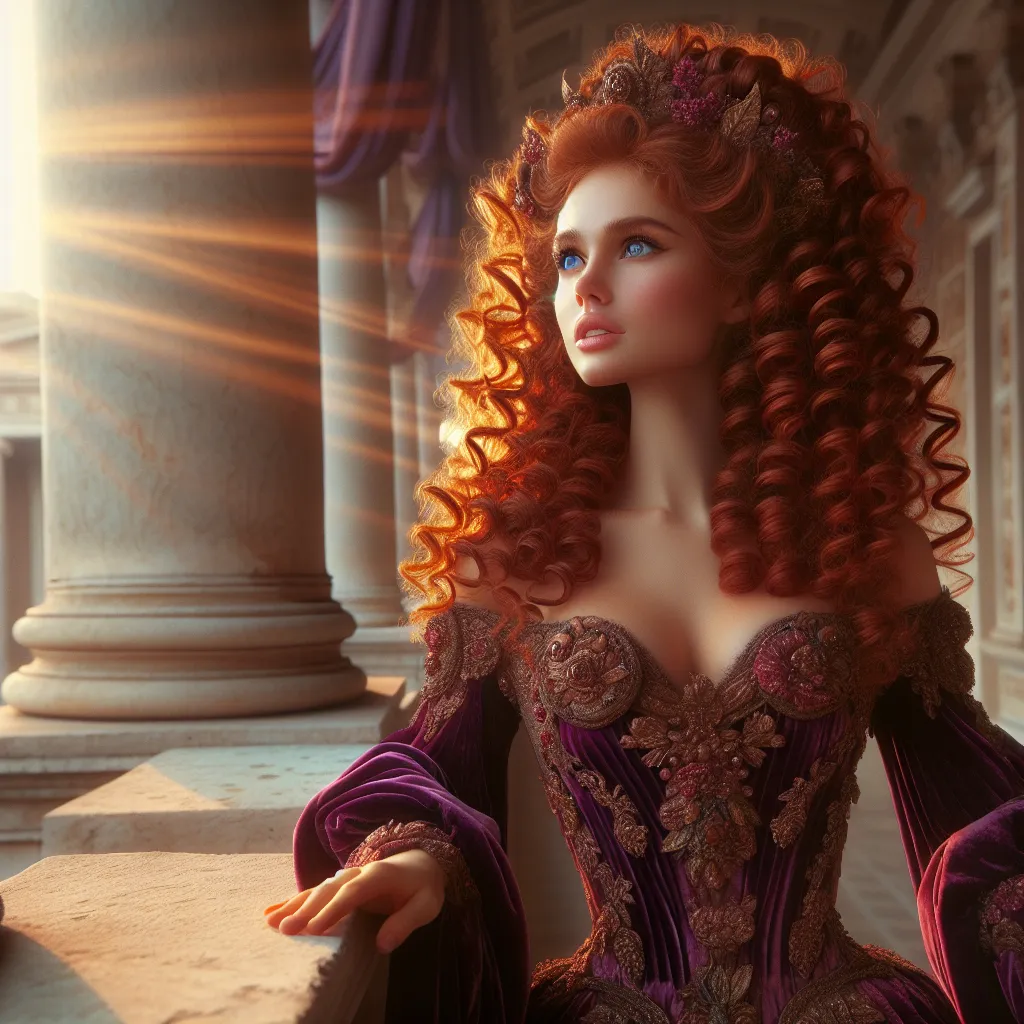 Prompt: A roman princess with blue eyes and curly red hair wearing a purple gown