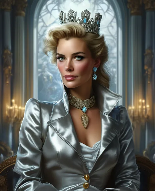 Prompt: a woman in a silver jacket wearing a tiara with a diamond, Charlie Bowater, fantasy art, highly detailed digital painting, a detailed painting