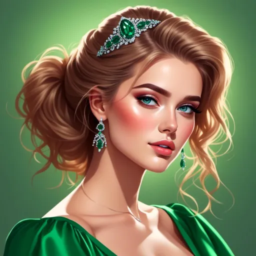 Prompt: <mymodel>Detailed illustration of a woman in vibrant green attire, large vivid green eyes, elegant makeup, digital painting, high resolution, realistic style, vibrant green, professional lighting