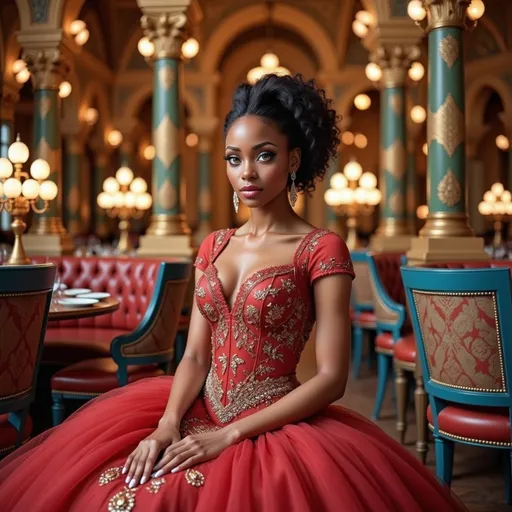Prompt: In an opulent interior adorned with ornate pillars and warm ambient lighting, a striking woman exudes elegance as she sits poised, enveloped by a luscious red gown embellished with intricate gold embroidery. Her natural curls frame her face, accentuating her makeup, notably her bold red lips and sparkling earrings, which reflect the soft glow of nearby lamps. The lavish surrounding features plush crimson seating and tables set for fine dining, creating an atmosphere of luxurious sophistication. The warm hues and rich textures with intricate designs transport viewers to a refined, fairy-tale setting, where the mood is both enchanting and regal. The overall composition captures a moment of poised grace amid a backdrop of exquisite artistry.